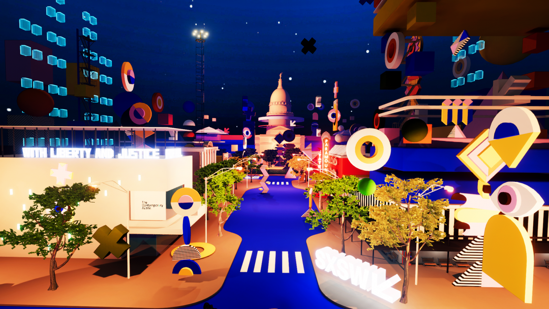 The virtual main street of SXSW — flashing lights, flying cars and floating objects everywhere.